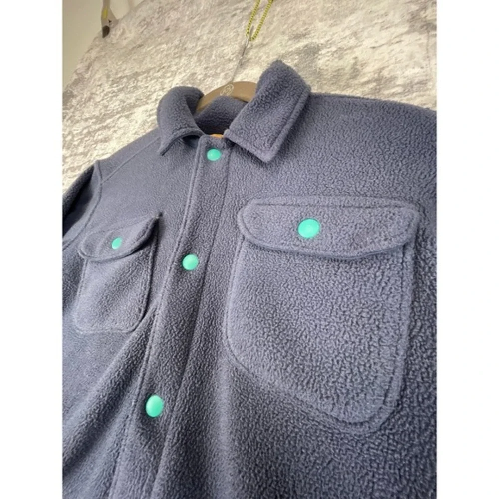 LL Bean Kids Cozy Fleece Blue‎ teal buttons yellow zipper Shacket Jacket M 10-12